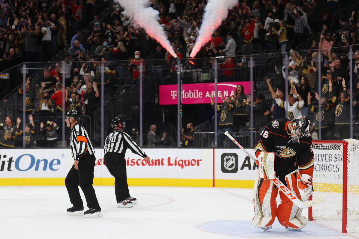 Anaheim Ducks goaltender John Gibson (36) reacts after a shootout goal by Vegas Golden Knights ...