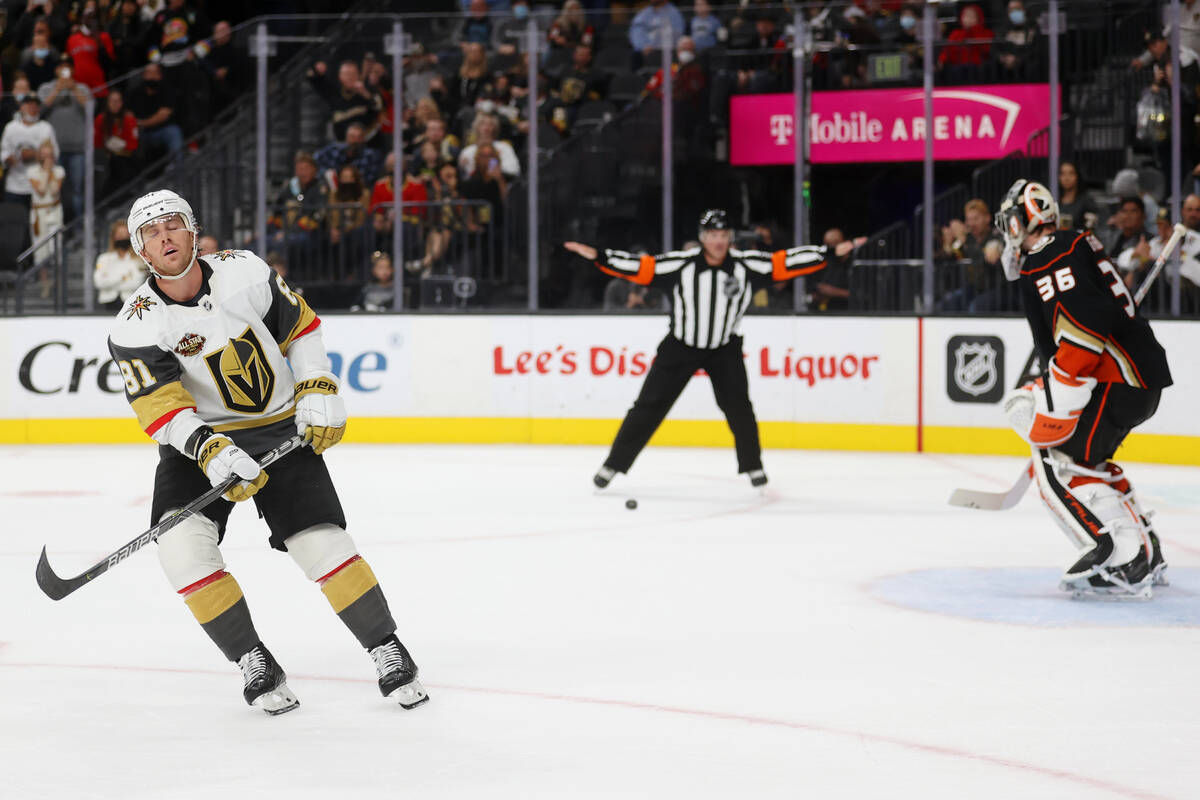 Vegas Golden Knights center Jonathan Marchessault (81) reacts after missing a shootout shot aga ...