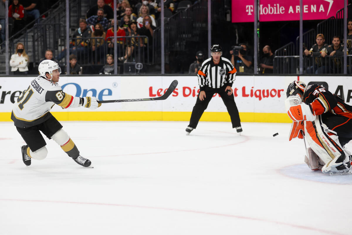 Vegas Golden Knights center Jonathan Marchessault (81) shoot the puck for a miss against Anahei ...