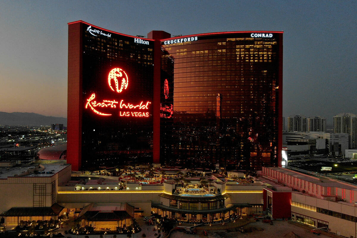 An aerial photo of Resorts World Las Vegas on the former site of the Stardust hotel casino on S ...