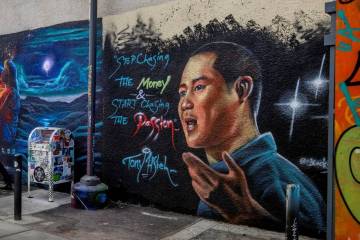 A mural dedicated to Tony Hsieh in the DT Alley near Fremont and 6th streets in downtown Las Ve ...