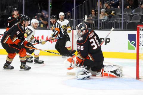 Vegas Golden Knights left wing William Carrier (28) shoots the puck for a score against Anaheim ...