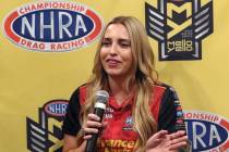 NHRA racer Brittany Force speaks during a press conference on Thursday, April 4, 2019, in Las V ...