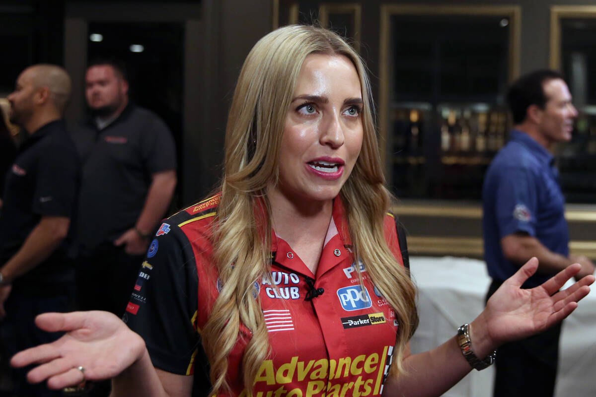 NHRA racer Brittany Force speaks during an interview with the Las Vegas Review-Journal on Thurs ...