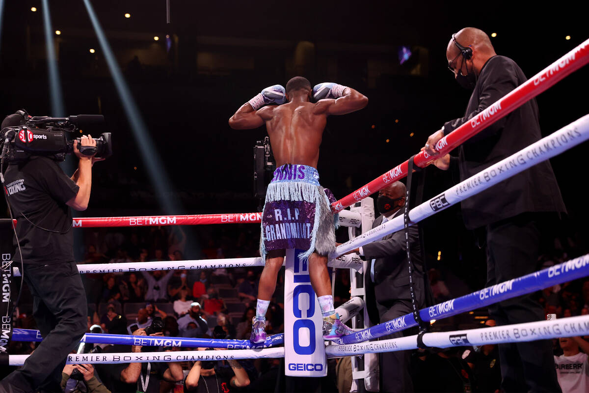 Jaron Ennis celebrates his knockout win against Thomas Dulorme in the first round of a welterwe ...