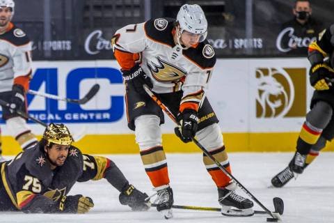 Golden Knights right wing Ryan Reaves (75) looks on from the ice after Anaheim Ducks defenseman ...