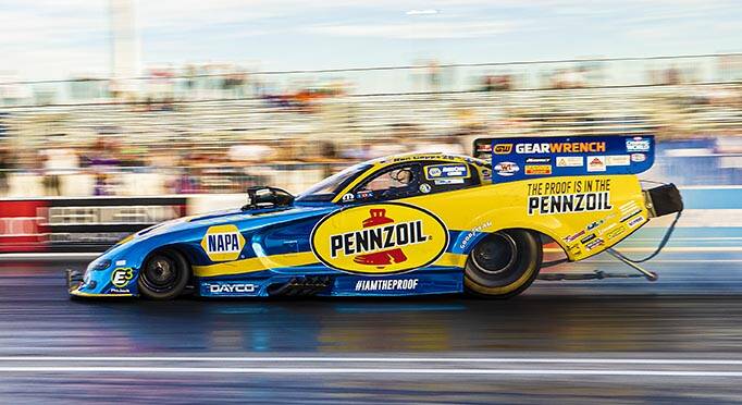Funny Car racer Ron Capps competes during the Dodge//SRT NHRA Nationals at Las Vegas Motor Spee ...