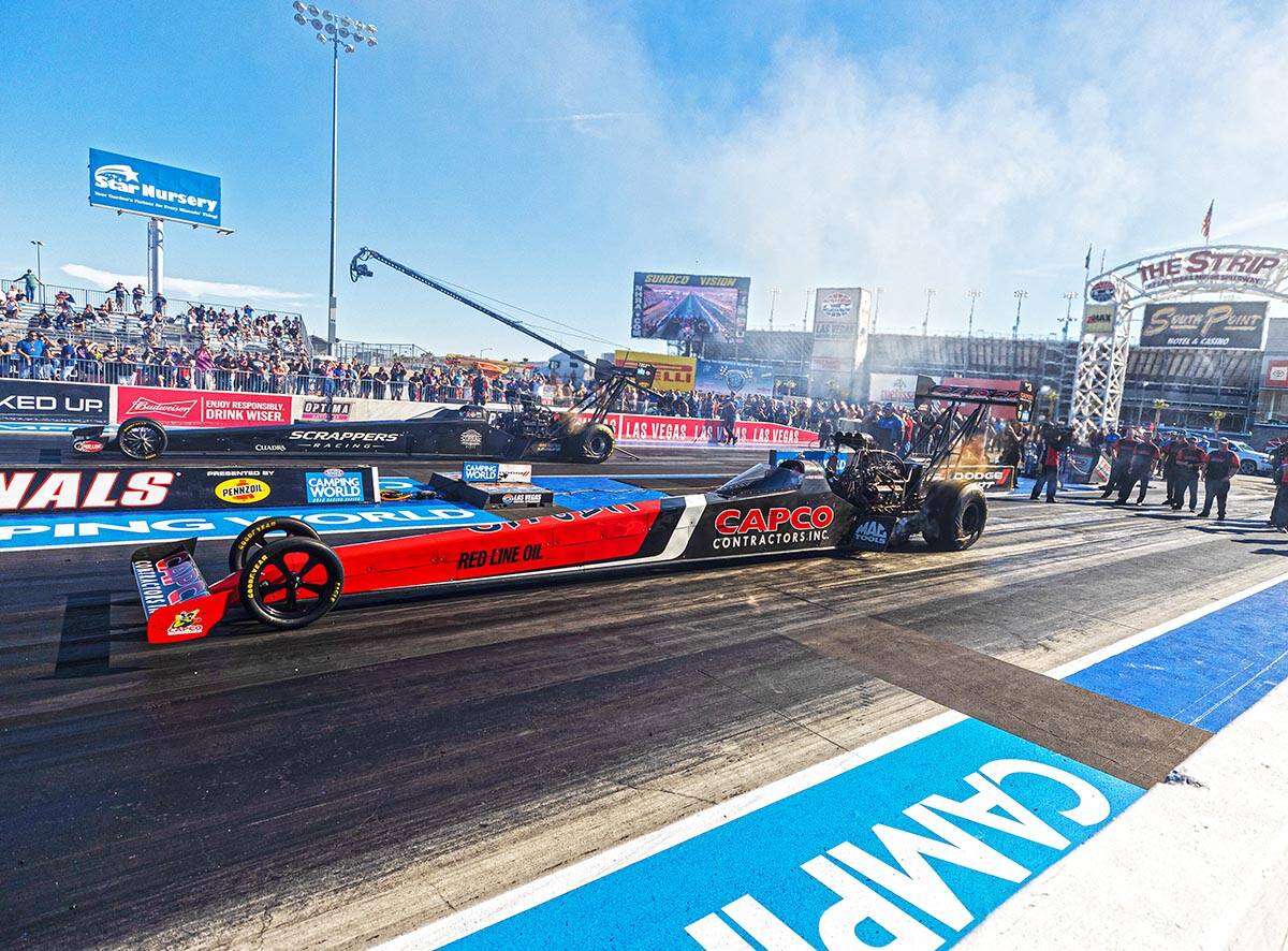Steve Torrence races in the Dodge//SRT NHRA Nationals Top Fuel division at Las Vegas Motor Spee ...