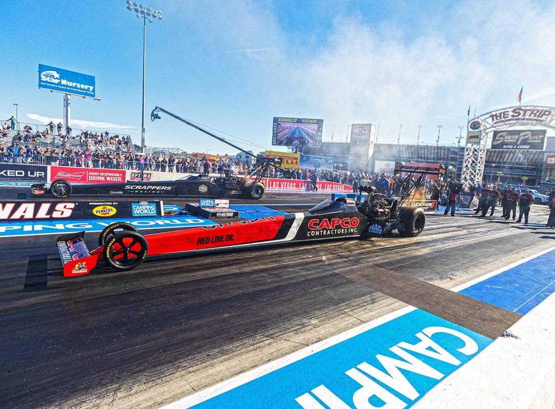Steve Torrence races in the Dodge//SRT NHRA Nationals Top Fuel division at Las Vegas Motor Spee ...