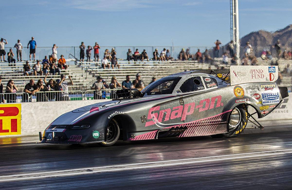 Cruz Pedregon competes in the Funny Car division during the Dodge//SRT NHRA Nationals at Las Ve ...