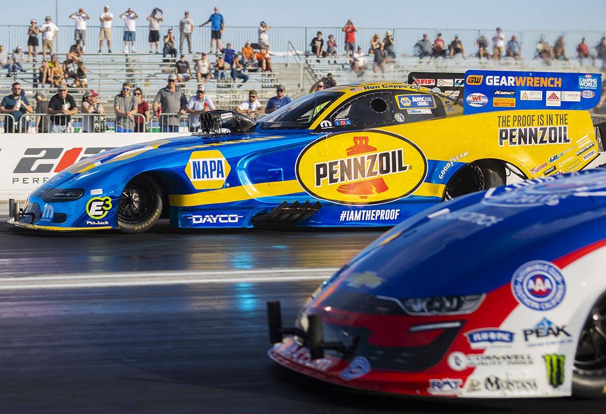 Funny Car racer Ron Capps competes during the Dodge//SRT NHRA Nationals at Las Vegas Motor Spee ...