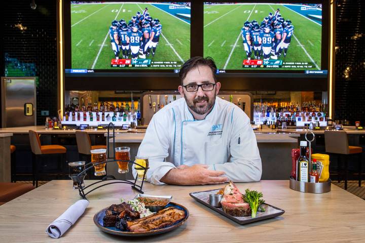 NFL tailgating-themed dishes are K.C. burnt ends brisket platter, left, and a Raiders prime rib ...