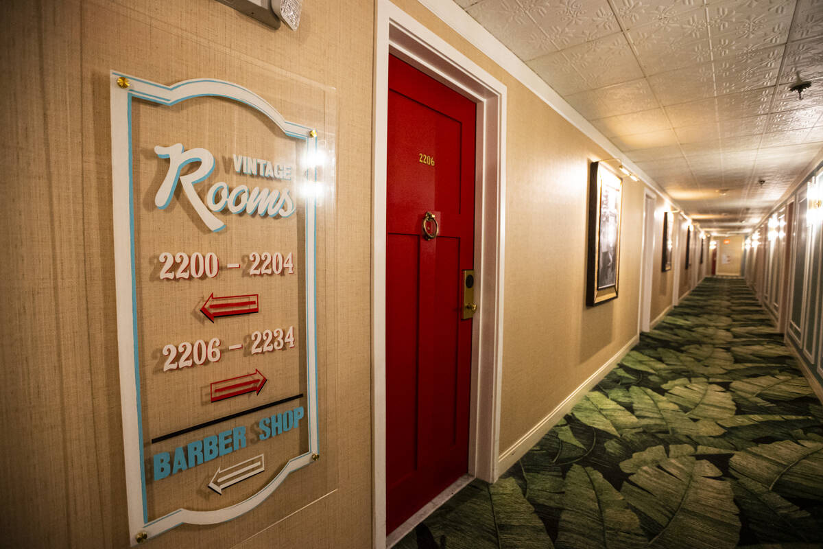 Signage on a vintage room floor at the El Cortez in downtown Las Vegas on Wednesday, Oct. 27, 2 ...