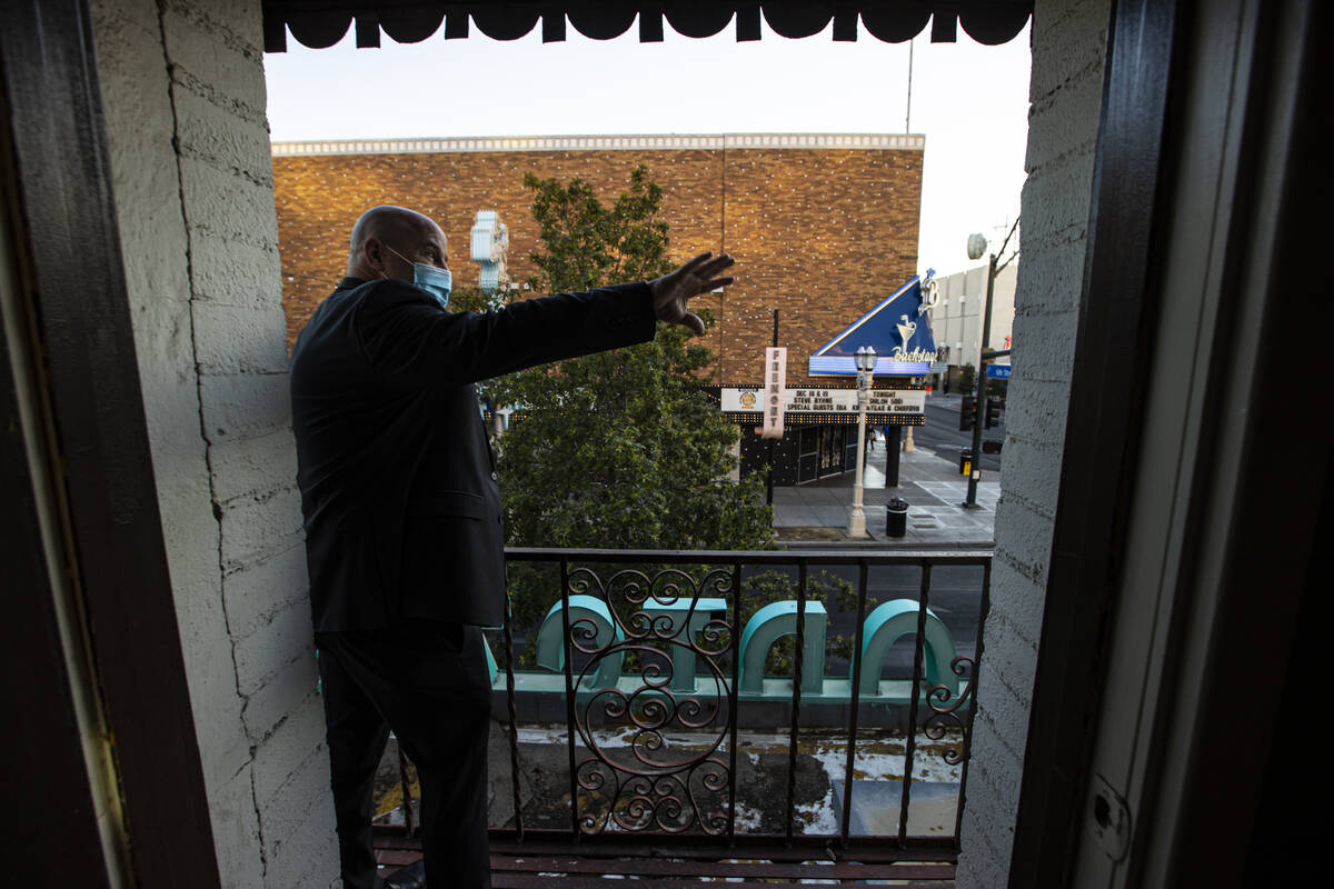 El Cortez general manager Adam Weisberg steps onto an original balcony from the second floor at ...