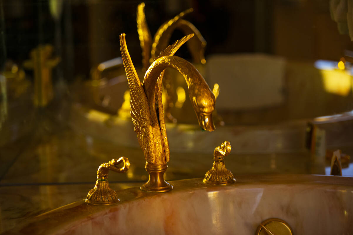 Gold fixtures on a marble tub are seen at the Jackie Gaughan Suite at the El Cortez in downtown ...