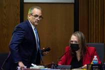 Superintendent Jesus Jara leaves the Clark County School Board meeting after the board of trust ...