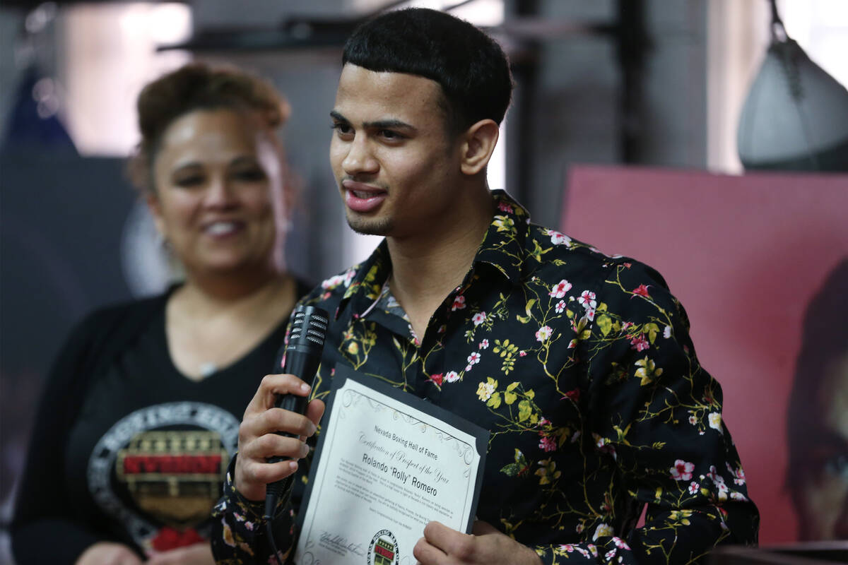 Rolando Romero, boxing prospect of the year, is speaks after getting recognized during the Neva ...