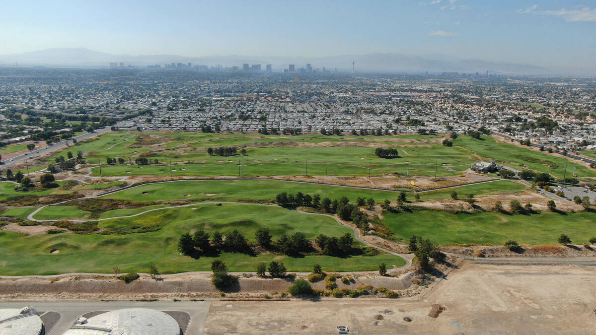 An aerial view of Royal Links Golf Club between East Desert Inn Road and East Vegas Valley Driv ...