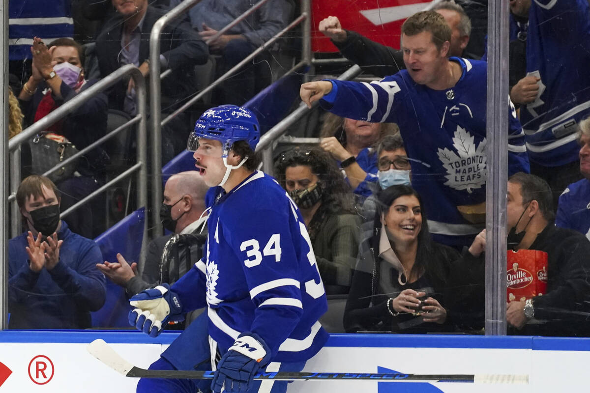 Toronto Maple Leafs forward Auston Matthews (34) celebrates his goal against the Vegas Golden K ...