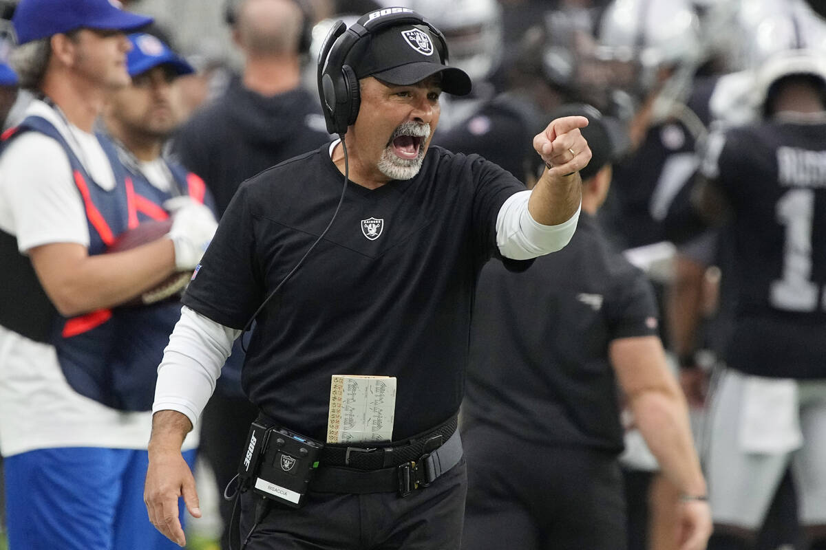 Las Vegas Raiders interim head coach Rich Bisaccia yells from the sideline during the second ha ...
