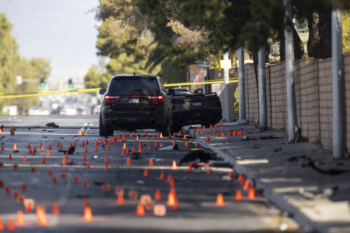 The Las Vegas Metropolitan Police Department investigate a fatal crash near South Rainbow Boule ...