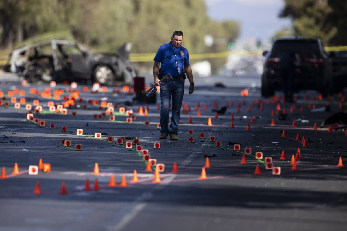 The Las Vegas Metropolitan Police Department investigate a fatal crash near South Rainbow Boule ...