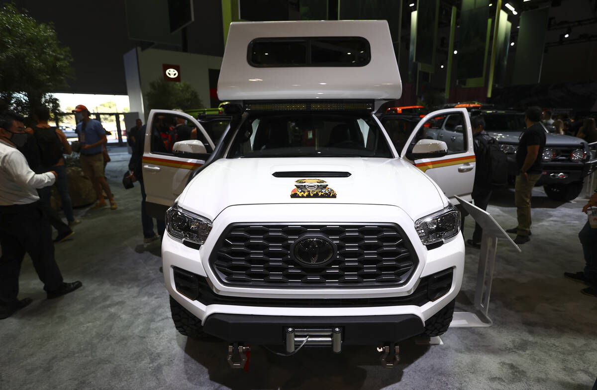 A Toyota Tacoma TRD Sport ҔacozillaӠcamper is seen on display during the Specialty ...