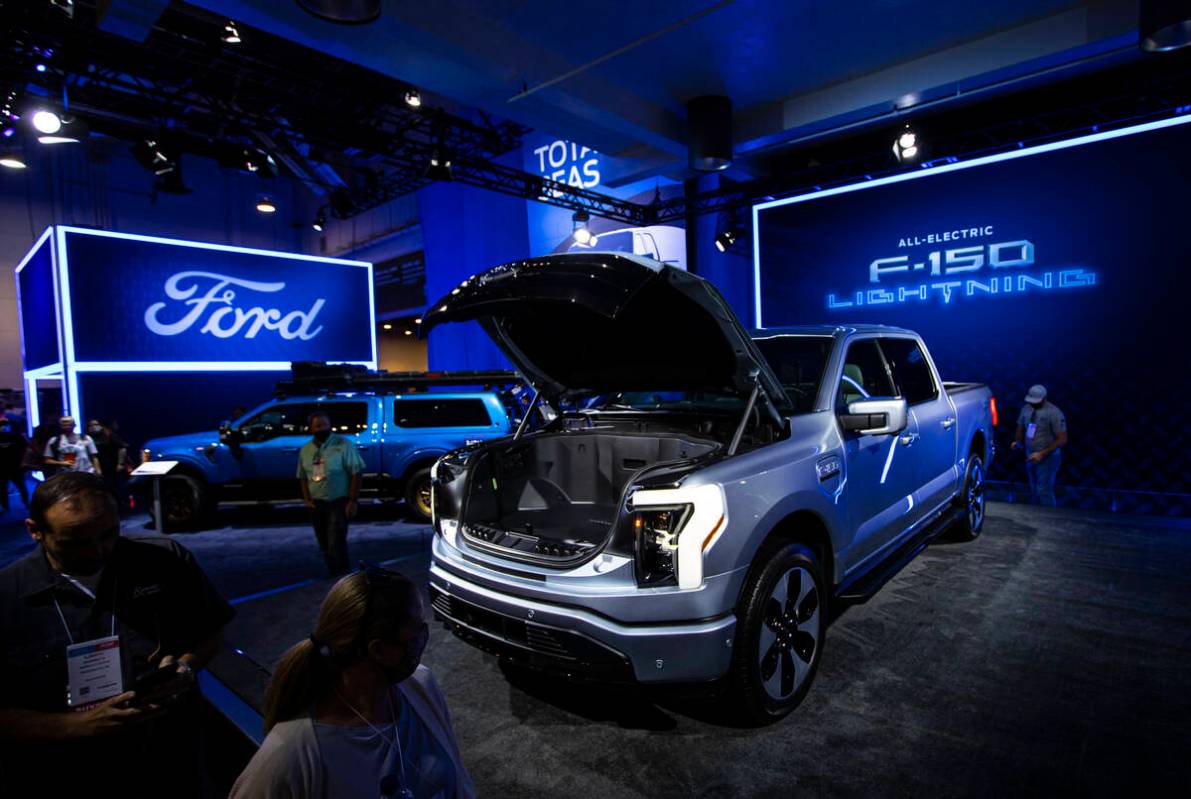 A view of the all-electric 2022 Ford F-150 Lightning during the Specialty Equipment Market Asso ...