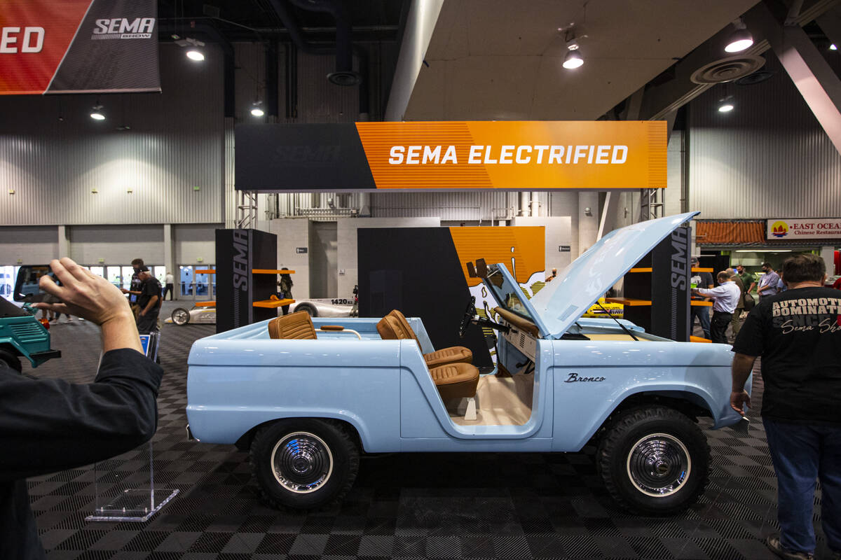An electric 1966 Ford Bronco Roadster is seen during the Specialty Equipment Market Association ...