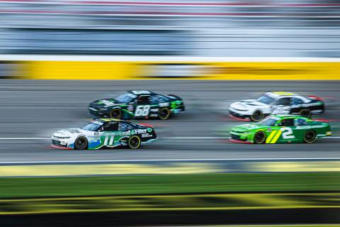 Racers compete in the Alsco Uniforms 302 NASCAR Xfinity series race on Saturday, Sept. 25, 2021 ...