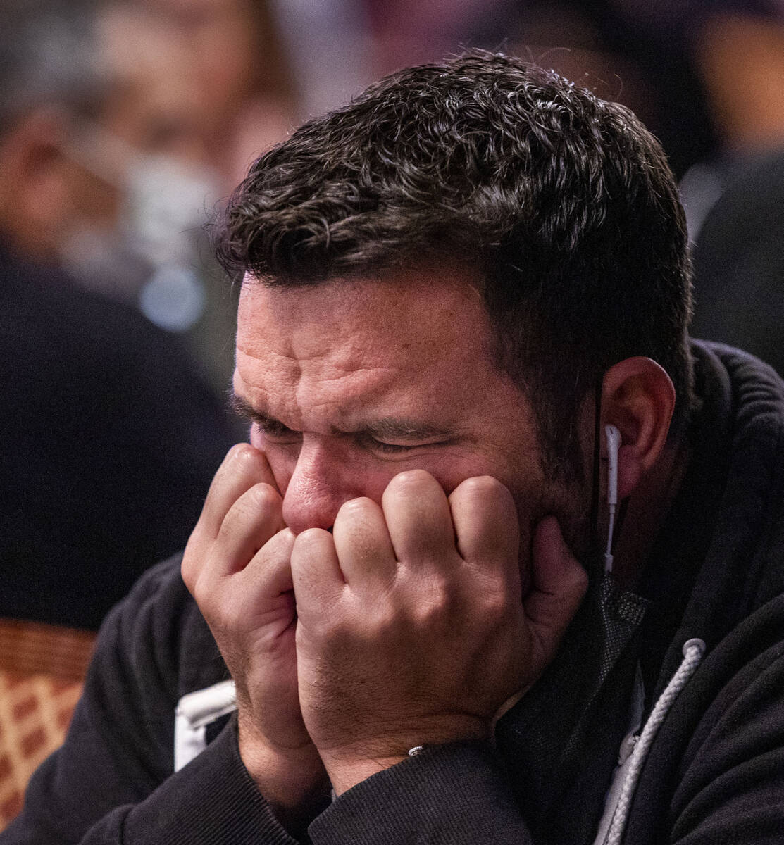 James Rice of Denver tightens up at his table during Day 1A of the $10,000 buy-in Main Event at ...