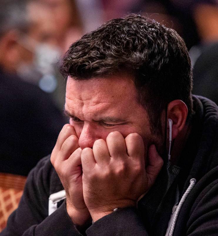 James Rice of Denver tightens up at his table during Day 1A of the $10,000 buy-in Main Event at ...