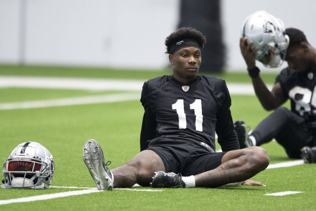 Raiders wide receiver Henry Ruggs III (11) stretches during team practice at the Raiders Headqu ...