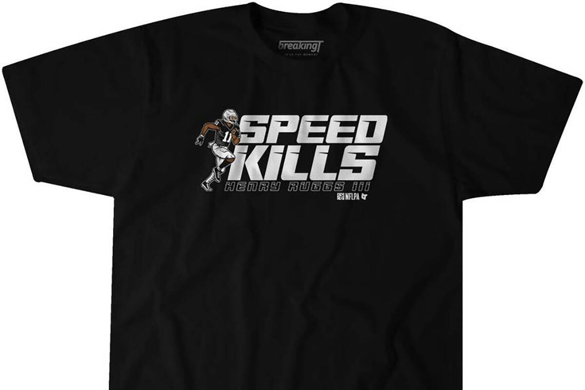 A shirt promoting the speed of former Raiders wide receiver Henry Ruggs saying "Speed Kills" ha ...