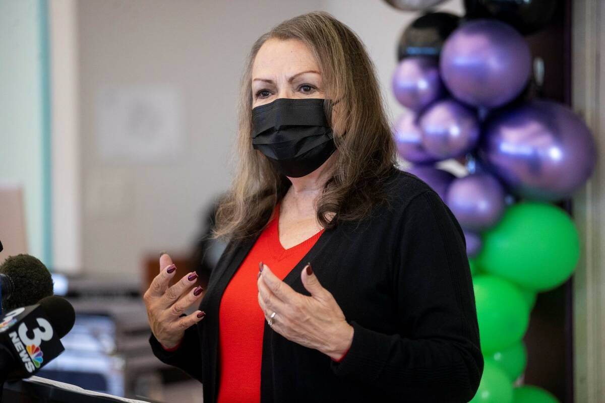 Clark County School Board President Linda Cavazos speaks during a press conference at the Parkd ...