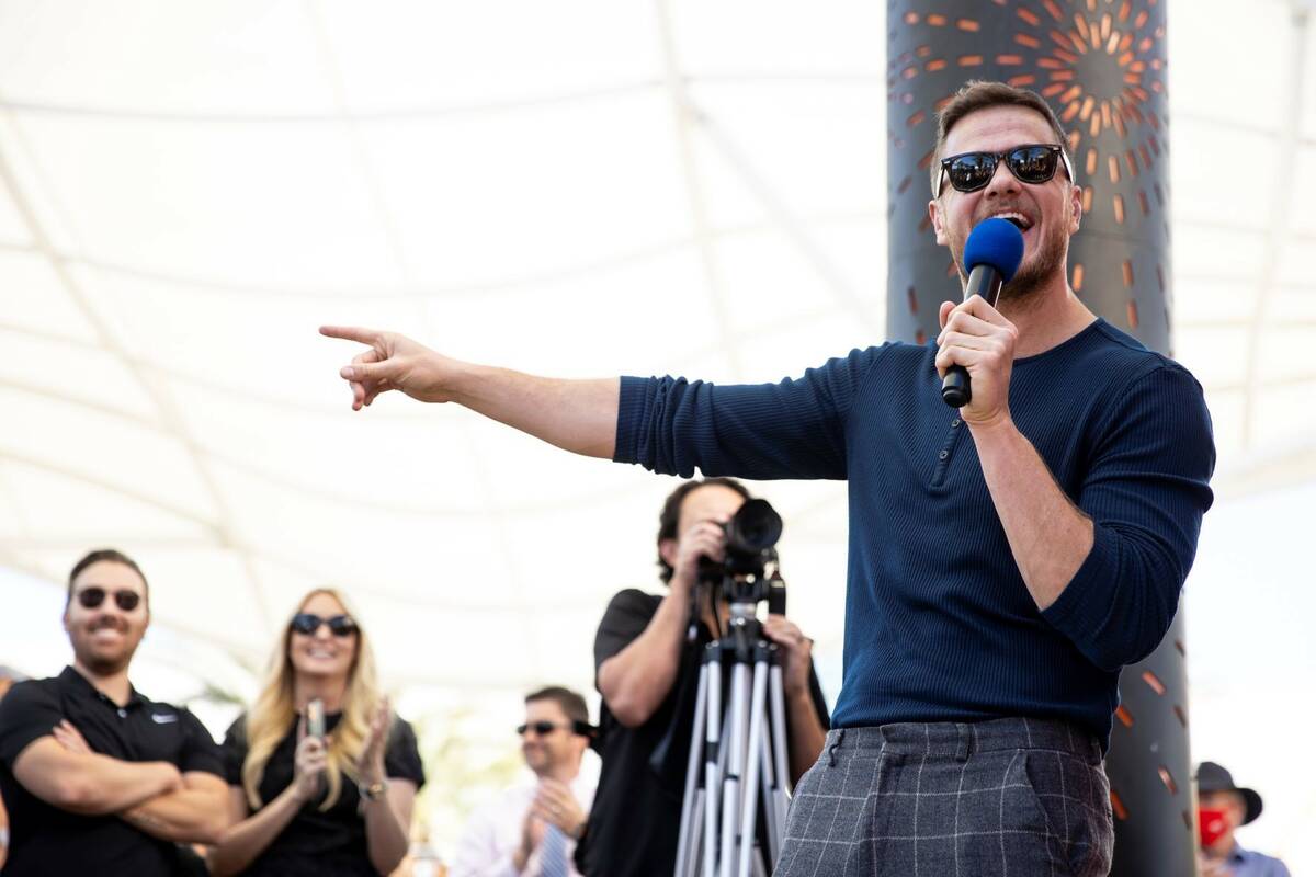 Dan Reynolds of Imagine Dragons speaks during a launch event for the "giving machine," a vendin ...