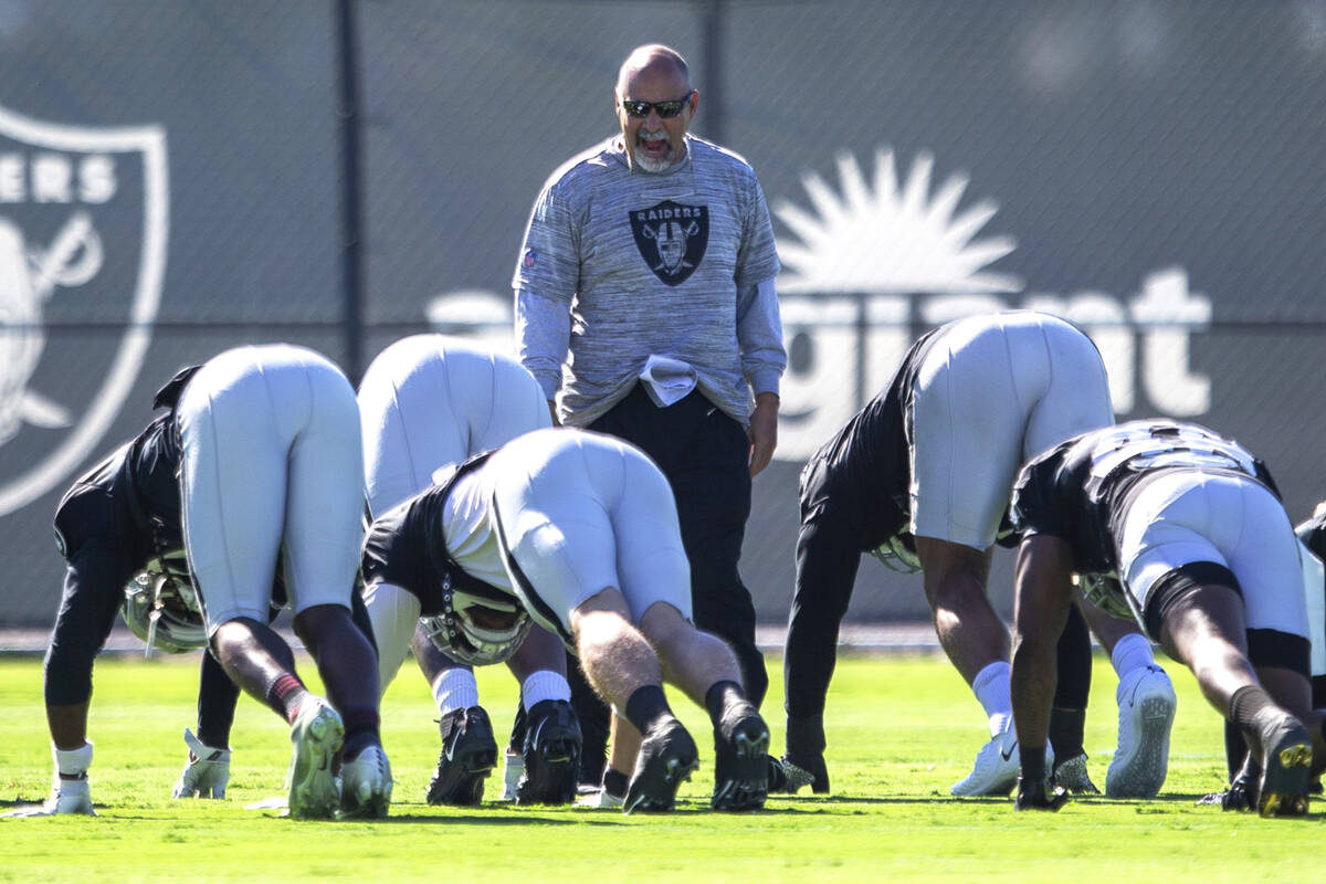 Raiders interim head coach Rich Bisaccia looks on during a practice session at the Raiders Head ...