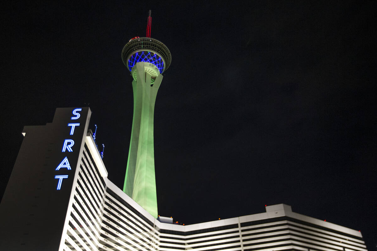 The STRAT is lit green on St. Patrick's Day on Wednesday, March 17, 2021, in Las Vegas. (Ellen ...