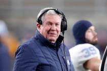 In this Nov. 14, 2019, file photo, North Carolina head coach Mack Brown stands on the sideline ...