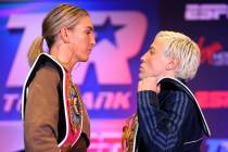 Mikaela Mayer (L) and Maiva Hamadouche (R) face-off during the press conference prior to their ...