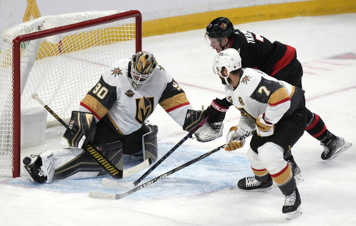 Vegas Golden Knights goaltender Robin Lehner makes a save on Ottawa Senators left wing Brady Tk ...