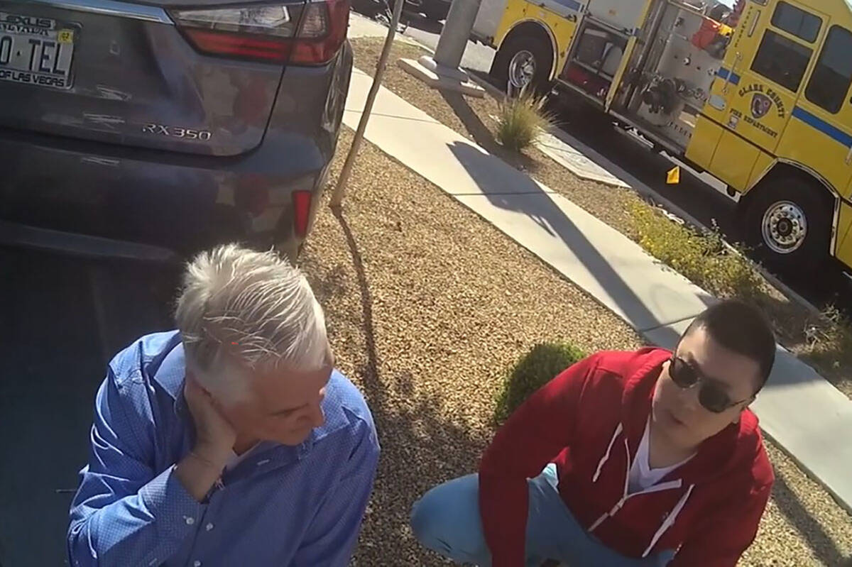 Gov. Steve Sisolak talks to police after his Oct. 17 car crash. (Screenshot/Las Vegas Metropoli ...