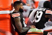 Cleveland Browns wide receiver Odell Beckham Jr. sits on the bench during the second half of an ...