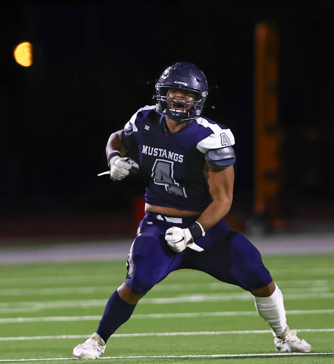 Shadow Ridge's Royasen Mokiao-fa'agai (4) celebrates after sacking Durango quarterback Maverik ...