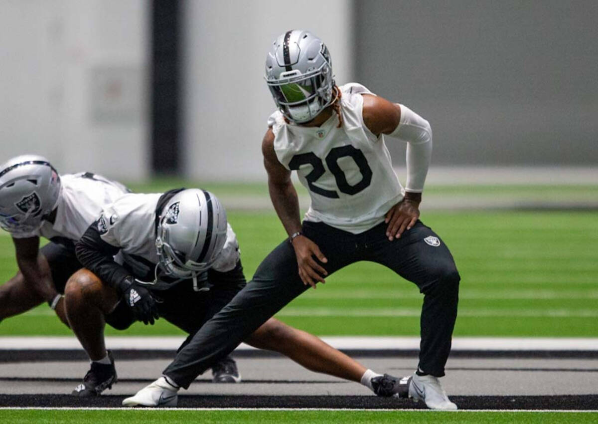 Raiders cornerback Damon Arnette (20) warms up during team practice at the Raiders Headquarters ...