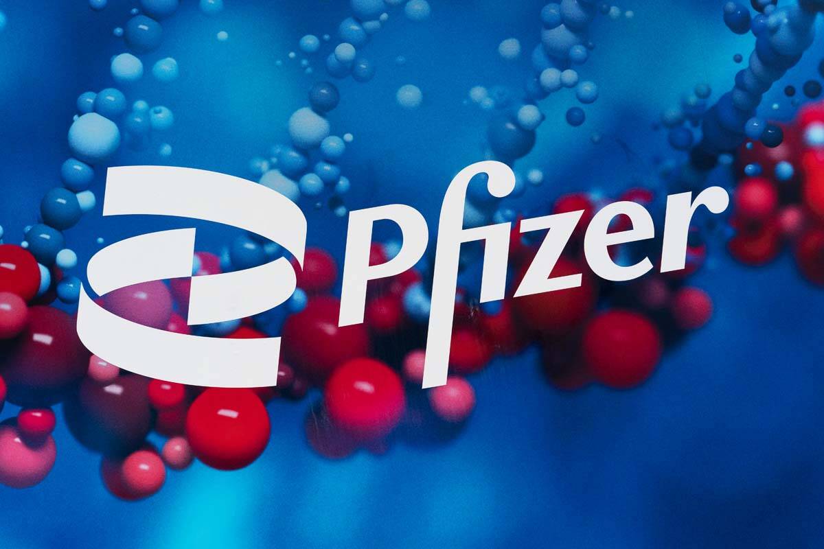 This Feb. 5, 2021, file photo shows the Pfizer logo displayed at the company's headquarters in ...