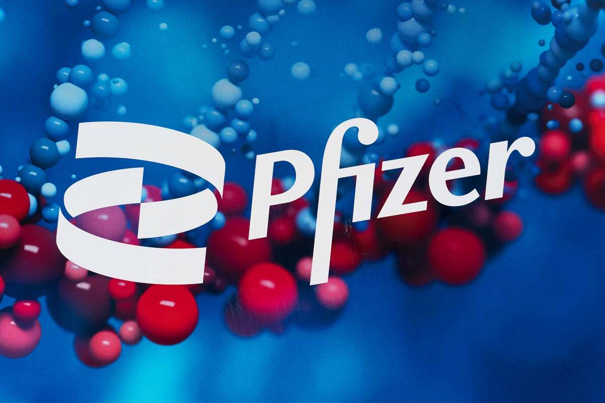 This Feb. 5, 2021, file photo shows the Pfizer logo displayed at the company's headquarters in ...
