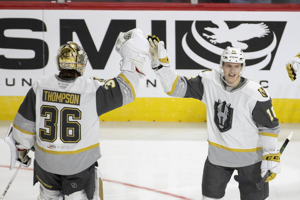 Silver Knights center Pavel Dorofeyev (16) celebrates a first period goal with Silver Knights g ...