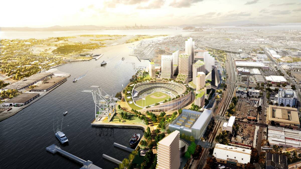 A rendering of the Oakland Athletics proposed $12 billion Howard Terminal project, which includ ...