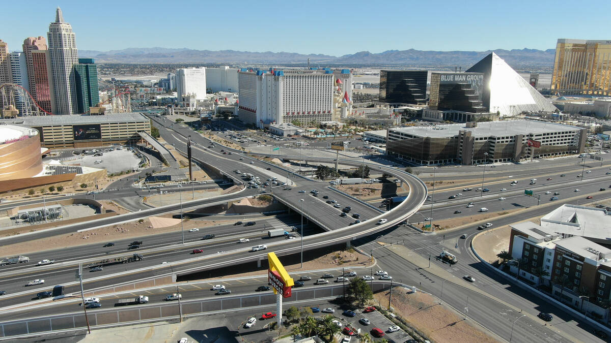 An aerial view of the interchange at Tropicana Avenue and Interstate 15 in Las Vegas, Nevada Tu ...